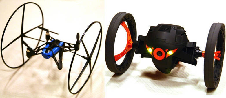Dois novos drones da Parrot: MiniDrone (esquerda) e o bot terrestre Sumo Dois novos drones da Parrot: MiniDrone (esquerda) e o bot terrestre Sumo