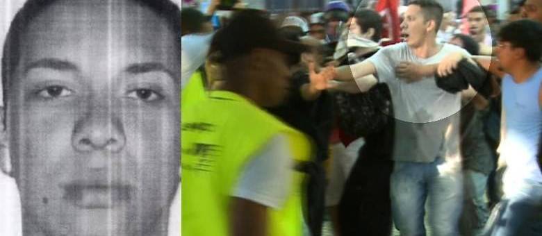 À esquerda, suspeito de disparar o rojão em foto divulgada pela polícia; à direita, o manifestante que seria o suspeito procurado por policiais em vídeo gravado pela Rede Record durante protesto na Central do Brasil