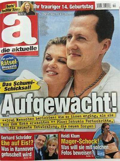 No começo de abril, a revista alemã </p><br />
<p>Die Aktuelle causou revolta dos fãs de Michael Schumacher</p><br />
<p>ao optar por uma capa sensacionalista, em que exibe o ex-piloto alemão sorrindo e com a manchete: 'Acordado', passando a impressão em um primeiro momento que o heptacampeão de F-1 poderia ter despertado do coma de três meses.Porém, na verdade, a publicação não tem nenhuma informação sobre o estado de saúde de Schumacher e traz apenas relatos de pessoas que passaram por situações semelhantes e conseguiram se recuperar