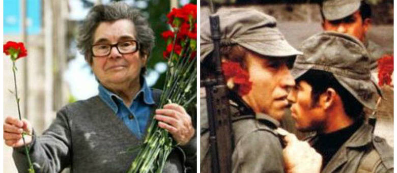 Celeste Caeiro (à esquerda, foto atual) distribuiu flores aos militares durante a Revolução (à direita, foto de 1974)