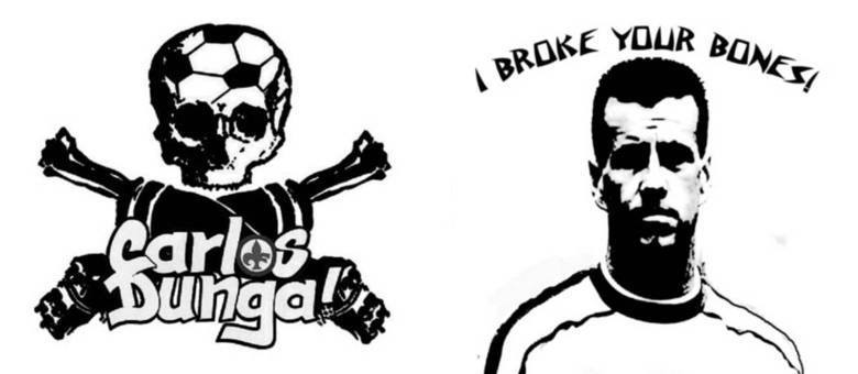 Símbolo da banda de hardcore e uma arte do grupo com a imagem de Dunga e a frase: 'eu quebro seus ossos!' 