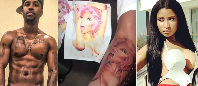 Safaree Samuels e suas três tatuagens feitas em homenagem à Nicki Minaj, veja os desenhos cobertos abaixo
