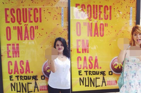 A jornalista Mila Alves e a publicitária Pri Ferrari em frente a intervenção na campanha publicitária da Skol