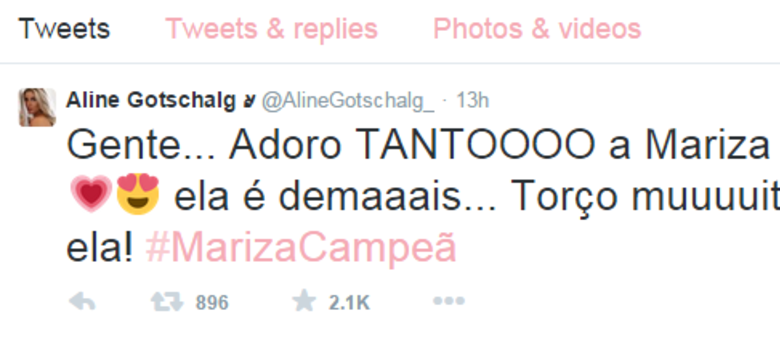 Aline usou sua conta no Twitter para declarar torcida por Mariza 