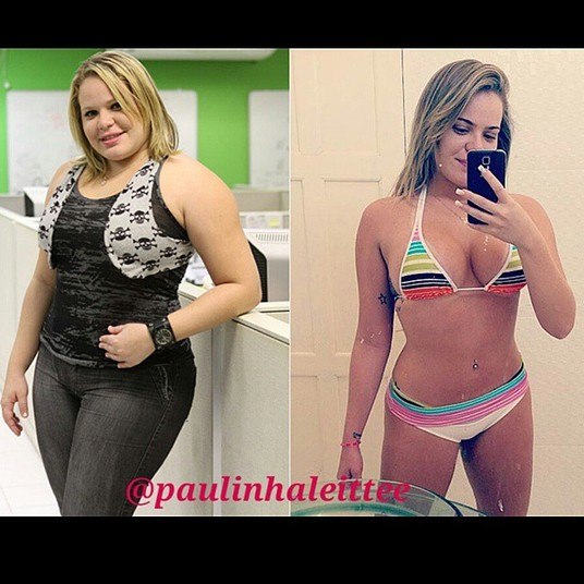 Com esta montagem, a loira contou que 'nem estava no auge de sua gordice' no primeiro clique. Ela ainda deu dicas para os seguidores que também querem perder peso: tirar uma foto de corpo inteiro e buscar incentivo em cima da imagem.— Comecei com 98 kg (tenho 1,66 cm) e fui além do que imaginei, perdi 44 kg. Tem exatos dois anos que mudei minha vida, nunca desisti da dieta, virou estilo de vida, acordo pensando em comer saudável