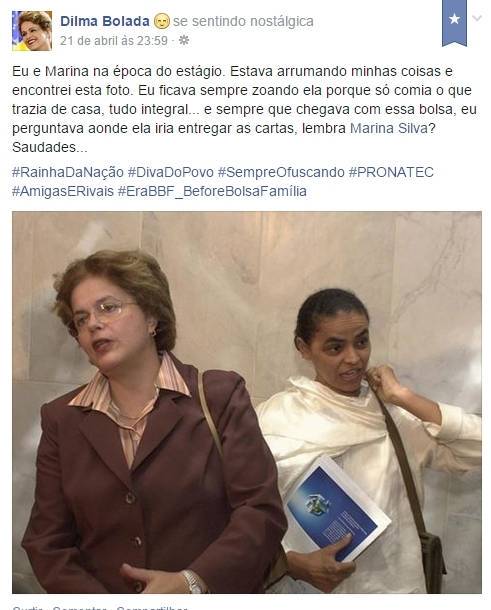 Uma postagem feita pelo perfil Dilma Bolada nas redes sociais Uma postagem feita pelo perfil Dilma Bolada nas redes sociais