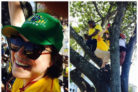 Regina Duarte sobe em árvore para tirar selfie em protesto no Rio