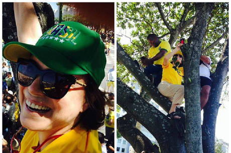 Regina Duarte sobe em árvore para tirar selfie em protesto no Rio Regina Duarte sobe em árvore para tirar selfie em protesto no Rio