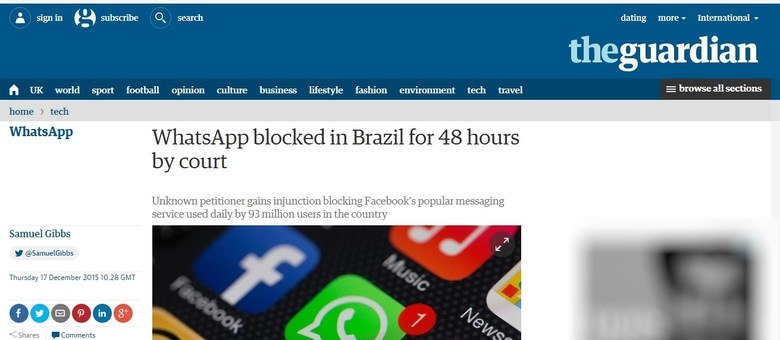 The Guardian dá destaque para bloqueio do WhatsApp no Brasil