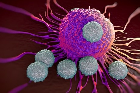 Ilustração representa as 
células-T (pequenas e cinzentas) atacando o câncer