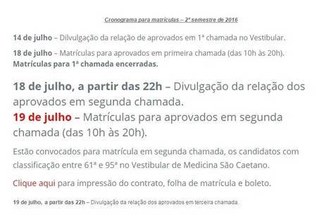 Página da USCS mostra que seriam realizadas matrículas até a terceira chamada do vestibular interno da Universidade — apesar da justificativa de "não haverem vagas disponíveis" para os estudantes do Fies Página da USCS mostra que seriam realizadas matrículas até a terceira chamada do vestibular interno da Universidade — apesar da justificativa de "não haverem vagas disponíveis" para os estudantes do Fies