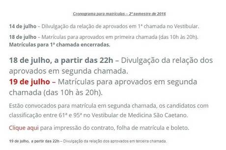 Página da USCS mostra que seriam realizadas matrículas até a terceira chamada do vestibular interno da Universidade — apesar da justificativa de "não haverem vagas disponíveis" para os estudantes do Fies