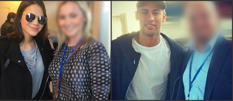 Bruna e Neymar fizeram fotos com fãs, e os seguidores do casal acharam o craque refletido nos óculos escuros dela 
