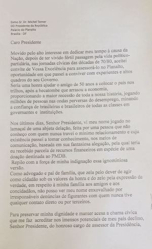Assessor de Temer citado em delação pede demissão 