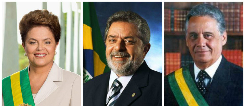Fotos oficiais dos antecessores de Michel Temer, da esquerda para a direita, Dilma Rousseff, Lula e Fernando Henrique