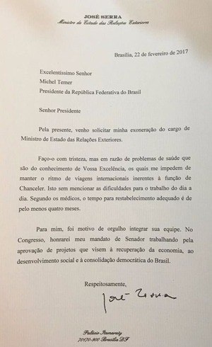 José Serra pede demissão do Ministério das Relações 