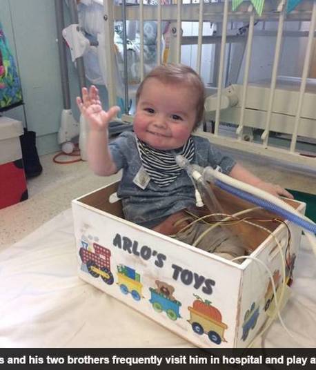 Seus pais e os irmãos Luca, de sete, e Sonny, de
três, brincam, leem, cantam e ouvem música com Arlo. Eles também fazem
piquenique com pizza no chão do quarto do hospital. A família também desfruta
de noites de cinema com um laptop em cima da cama de Arlo. O pai das crianças
deixou o emprego para ficar mais tempo com o filho no hospital