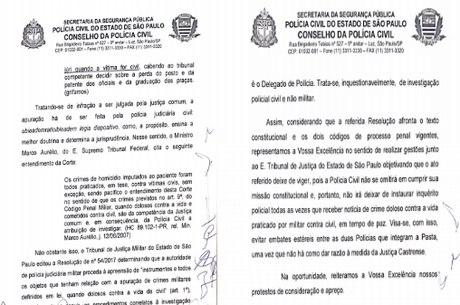 Trecho de documento de delegados que pedem atuação de secretário da Segurança contra resolução de Tribunal Militar