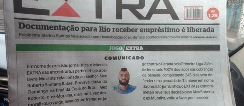 Jornal ironizou atuações de Muralha com a camisa do Flamengo