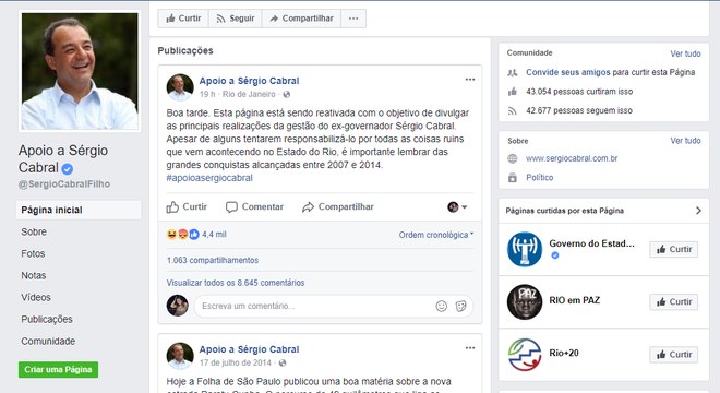 Página foi reativada e ganhou um novo nome: "Apoio a Sérgio Cabral"