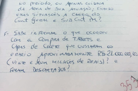 Trecho da carta à Corregedoria onde Adriano questiona o fim de R$ 21 milhões em tablets e capas de colete