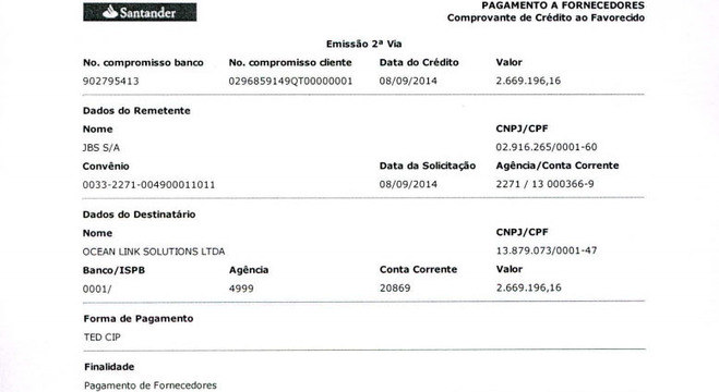 O comprovante de pagamento foi entregue às autoridades pelo delator Ricardo Saud (JBS)