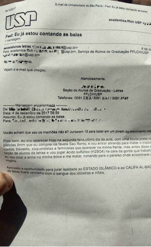 E-mail foi enviado na manhã desta quarta à secretaria da faculdade