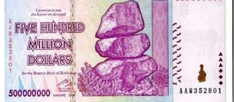 Nota de 500 milhões de dólares zimbabuanos, com "apenas" oito zeros