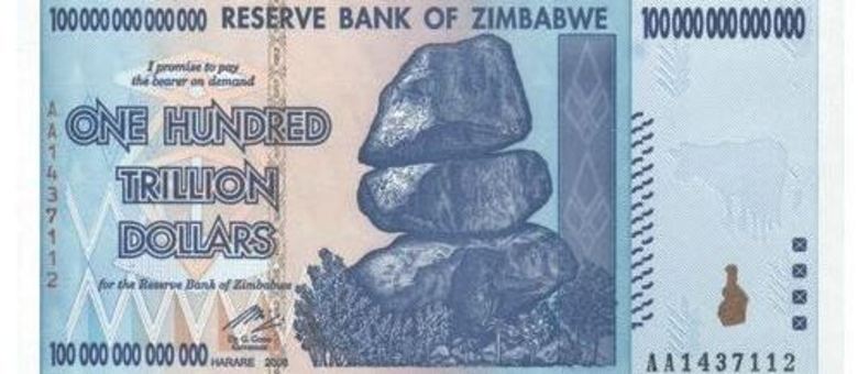Nota de cem trilhões de dólares zimbabuanos tinha nada menos do que 14 zeros