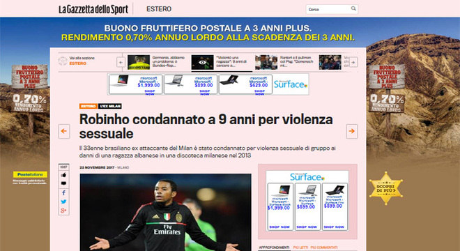 Jornais europeus reproduziram a condenação de Robinho