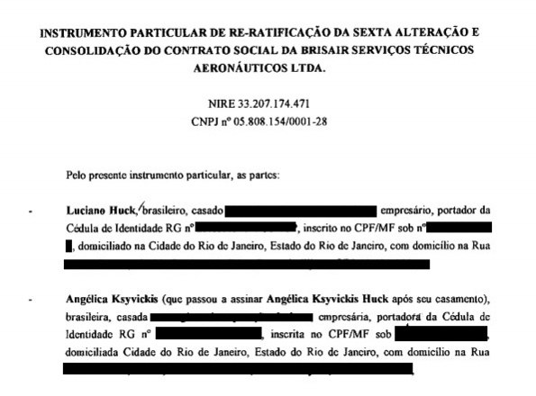 Os Ãºnicos sÃ³cios da Brisair, segundo documentos da Junta Comercial do Rio de Janeiro, sÃ£o os apresentadores Luciano Huck e AngÃ©lica K. Huck