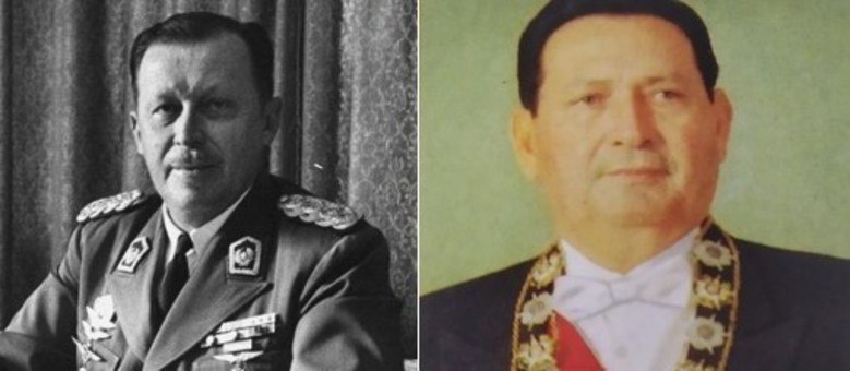 Alfredo Stroessner (à esquerda) e Andrés Rodríguez; generais foram acusados de manterem relações escusas com o narcotráfico no Paraguai (Reprodução)