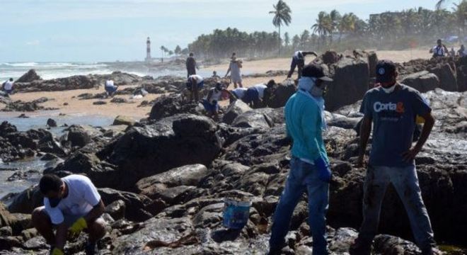 Com Farol de Itapuã ao fundo, voluntários trabalham na limpeza do óleo em Salvador 