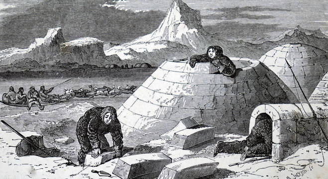A 19th Century engraving depicting Eskimo people making an igloo.