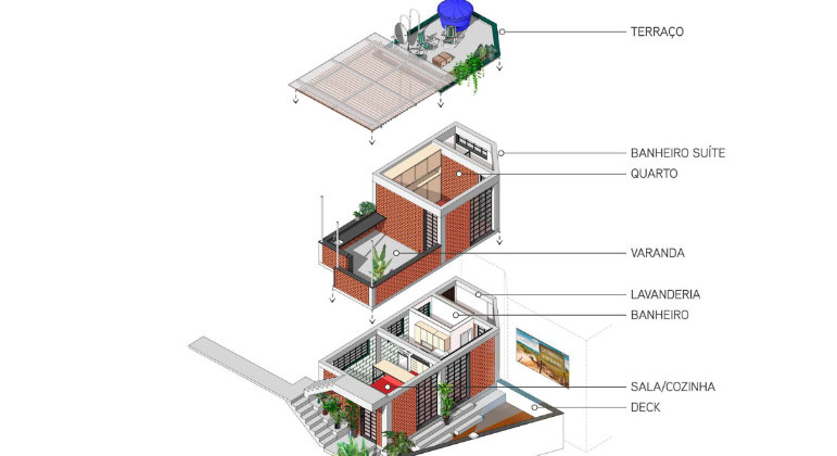 A casa, que tem uma área de 66 metros quadrados e dois níveis, fica sobre uma forte estrutura cujas fundações também ajudam a sustentar outras casas