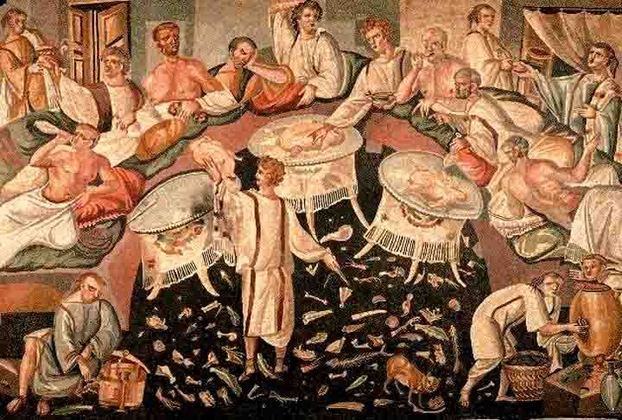 A celebração do deus Saturno envolvia troca de presentes e excessos de comida e bebida, que continuaram mesmo após a queda do Império Romano (que existiu desde o ano 27 a.C.). 