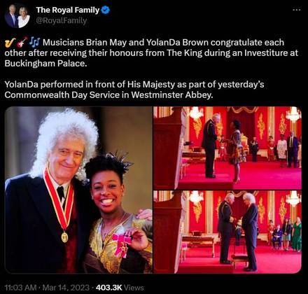 A conta oficial da banda no Twitter fez uma postagem parabenizando o músico pela conquista. A família real britânica também fez um post com May ao lado da saxofonista britânica YolanDa Brown, que também foi homenageada.