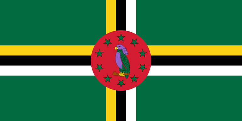 A cor roxa só existe numa bandeira: a de Dominica.  A cor está no peito e na cabeça do papagaio imperial.