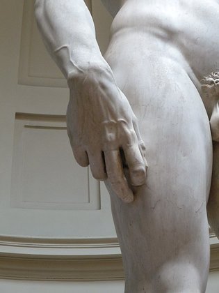 A escultura em mármore, de 5,17 metros de altura, representa o herói bíblico David, com uma pedra na mão (para enfrentar o gigante Golias). O corpo tem detalhes de músculos, tendões, veias pulsando (veja o detalhe na foto), que até hoje causam profunda admiração. 