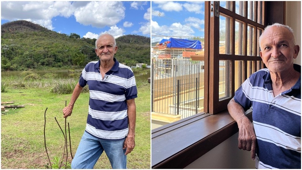 À esquerda, Seu Zezinho onde ficava sua casa em Bento Rodrigues. À direita, Seu Zezinho na casa construída pela Renova (Maria Luiza Reis / R7)