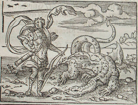 A fama da píton é tão grande que ela era retratada na Mitologia Grega como uma serpente gigantesca que nasceu no lodo da Terra após o dilúvio. Na ilustração, Apolo mata Píton.  