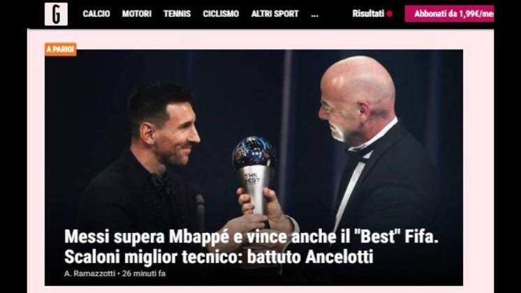 A 'Gazzetta dello Sport', da Itália, arranjou um espacinho para falar do representante de seu país na premiação, Carlo Ancelotti, que foi superado por Lionel Scaloni na eleição de melhor treinador, como a própria manchete diz. 