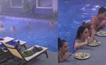 Piscininha, amor!Nada mais comum que relaxar na piscina aquecida durante o frio de Itapecerica, ainda mais na madrugada! Ignorando o clima, os participantes aproveitaram a água quentinha para fofocar e foram até mimados por Murilo. O chef da Mansão preparou o jantar e levou até a beira da piscina, arrasou!