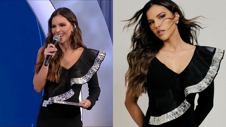 Começando pela apresentadora: Mari adora figurinos all black! Ela vestiu macacão com babado prateado e recortes diferenciados. Para arrematar o look, sandálias e joias discretas. Simplesmente deslumbrante!  