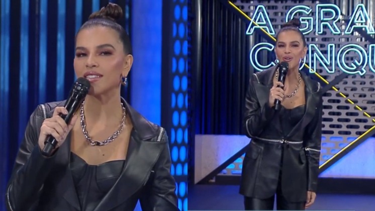 Com a responsabilidade de mediar a primeira reunião de condomínio da temporada, Mari vestiu um conjuntinho todo em couro! O look era sensual na medida certa, e contava com casaco detalhado na cintura e cotovelos. A apresentadora escolheu um colar prateado para harmonizar com os zíperes do look
