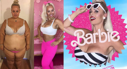 A influenciadora Kayla Lavende antes e depois de perder peso, e também como Barbie