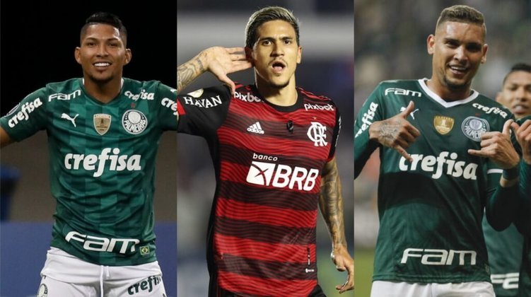 A Libertadores tem, também, briga boa na artilharia: Pedro (Flamengo), Rony e Rafael Navarro (Palmeiras) têm sete gols. Raphael Veiga (Palmeiras, 6.
