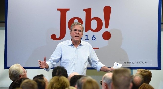 A logo da campanha de Jeb Bush à presidência dos EUA em 2016 era o nome dele com um ponto de exclamação, o que foi alvo de gozação