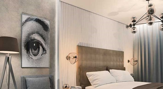 A parede da cama recebeu revestimento feito com placa de gesso 3D