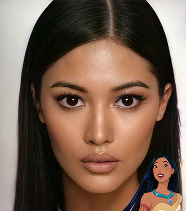 A Pocahontas, personagem da Disney, foi inspirada em uma mulher real, do Século XVI, em uma época que não existia fotografia. Na visão de Diao, ela seria assim.